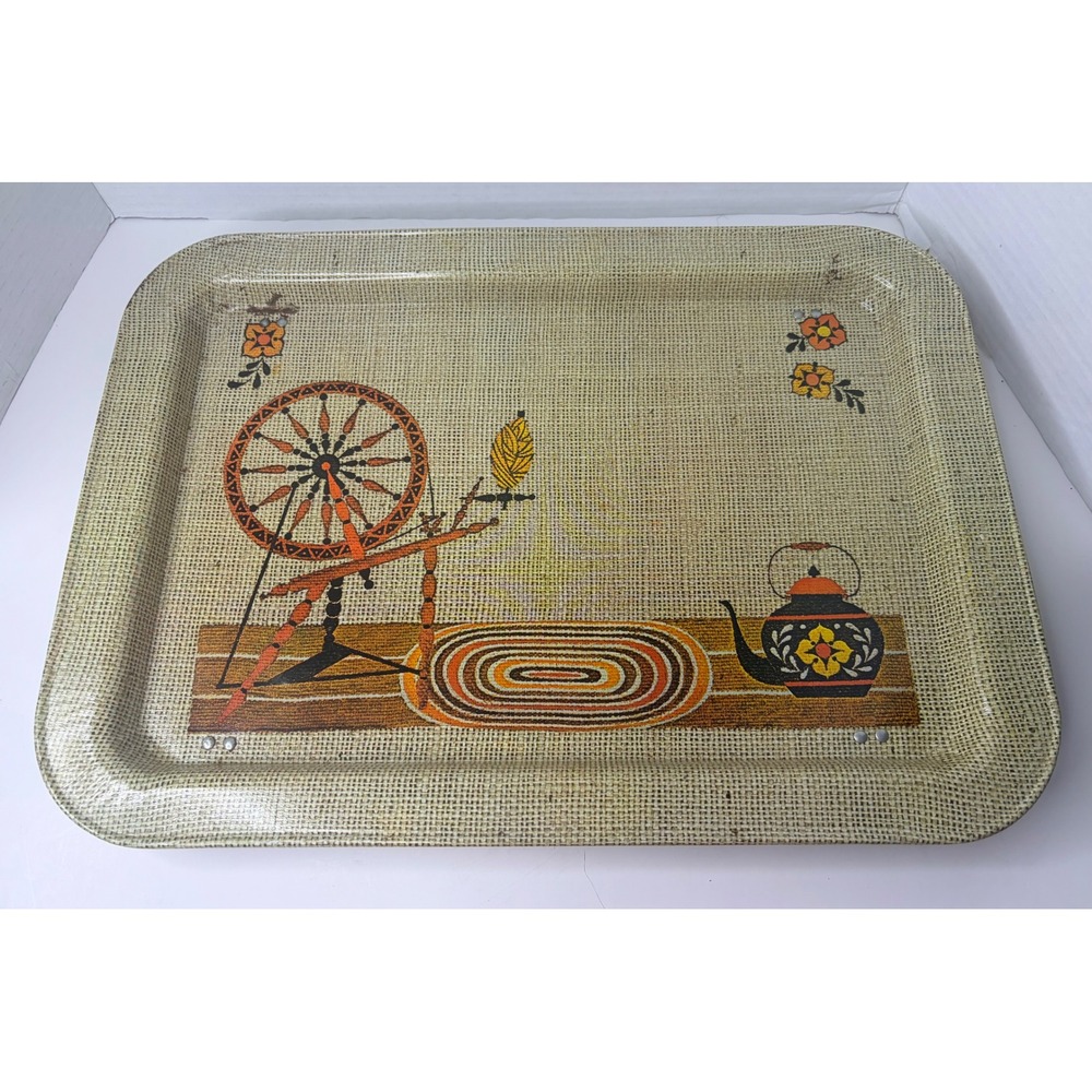 VTG 1970's Folding Metal TV Lap Bed Tray Spinning Wheel 17x13 Retro Kitchen
